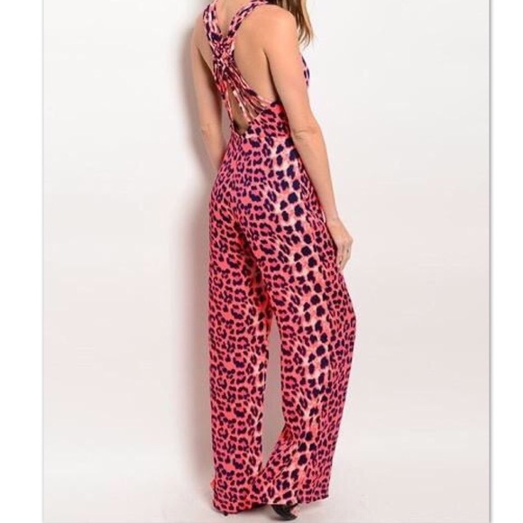 ‘Wild One’ Neon Pink & Navy Leopard Jumpsuit - Picture 2 of 3